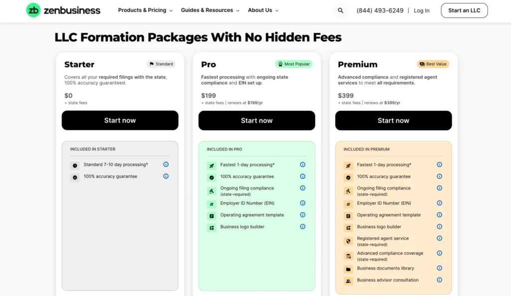 ZenBusiness Pricing Structure